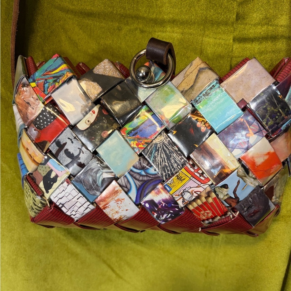 Y2K quirky Woven Up-Cycled Magazine Colorful crossbody bag. Leather strap. - Picture 8 of 8